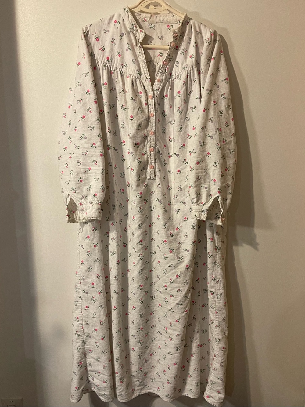 Vintage Thick Cotton Flannel Floral Long Nightgown Maxi Dress Sleep M White